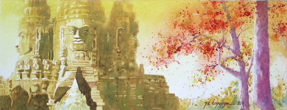watercolors of Anngkor Thom, red harmony
