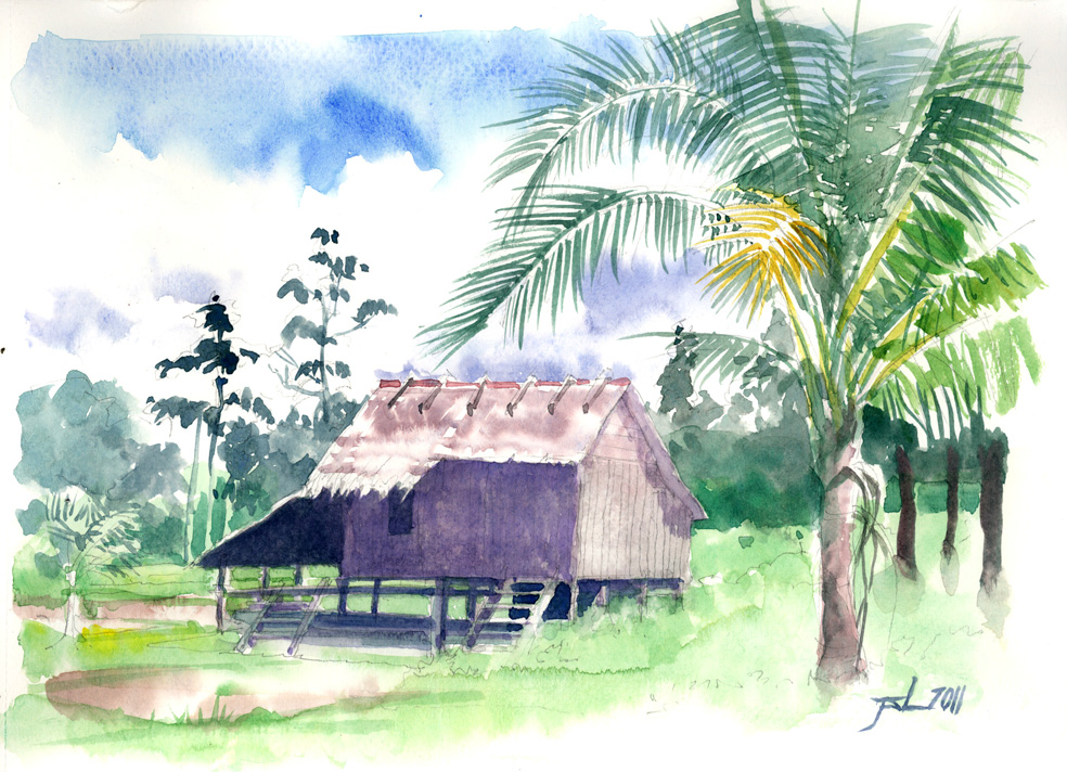 painting of cambodian traditional house 