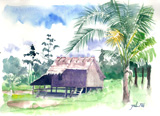 Maison traditionnelle du cambodge, aquarelle