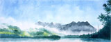 aquarelle : montagne et  lac au Japon