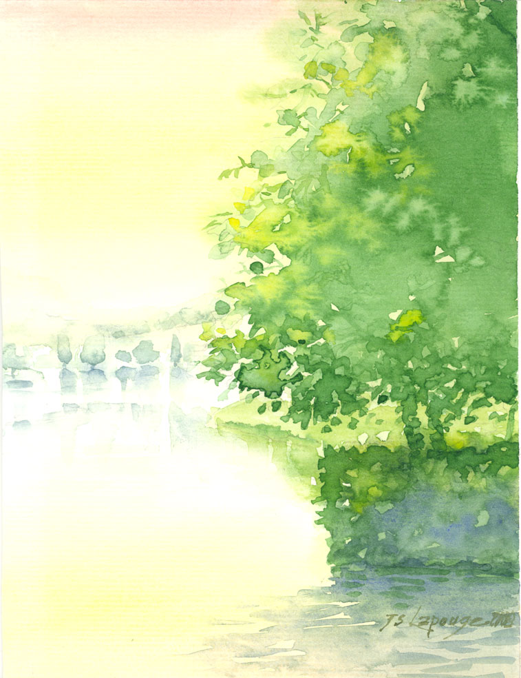 bords de lac soleil couchant, aquarelle