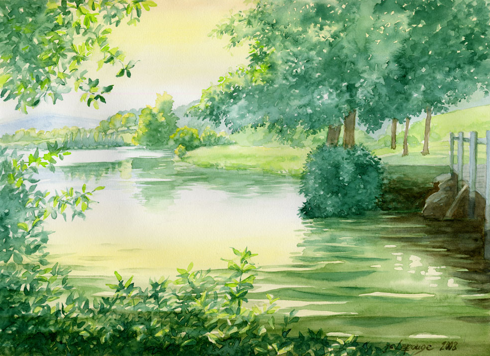 Watercolors, lake Cunlhat in Auvergne