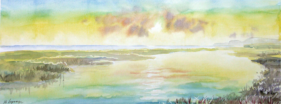 aquarelle paysage eau soleil couchant