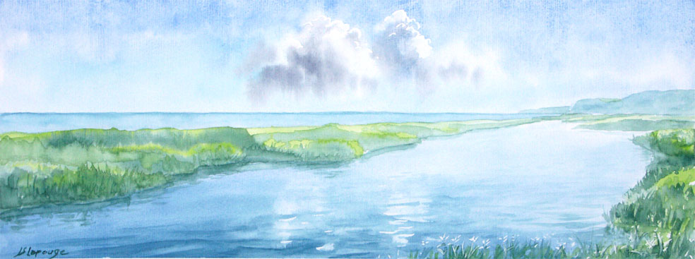 Blue water in summer, watercolors