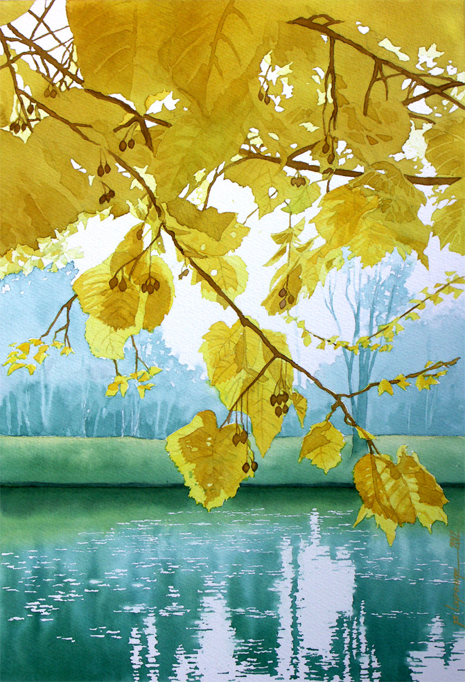 arbres en bords de lac en automne, aquarelle