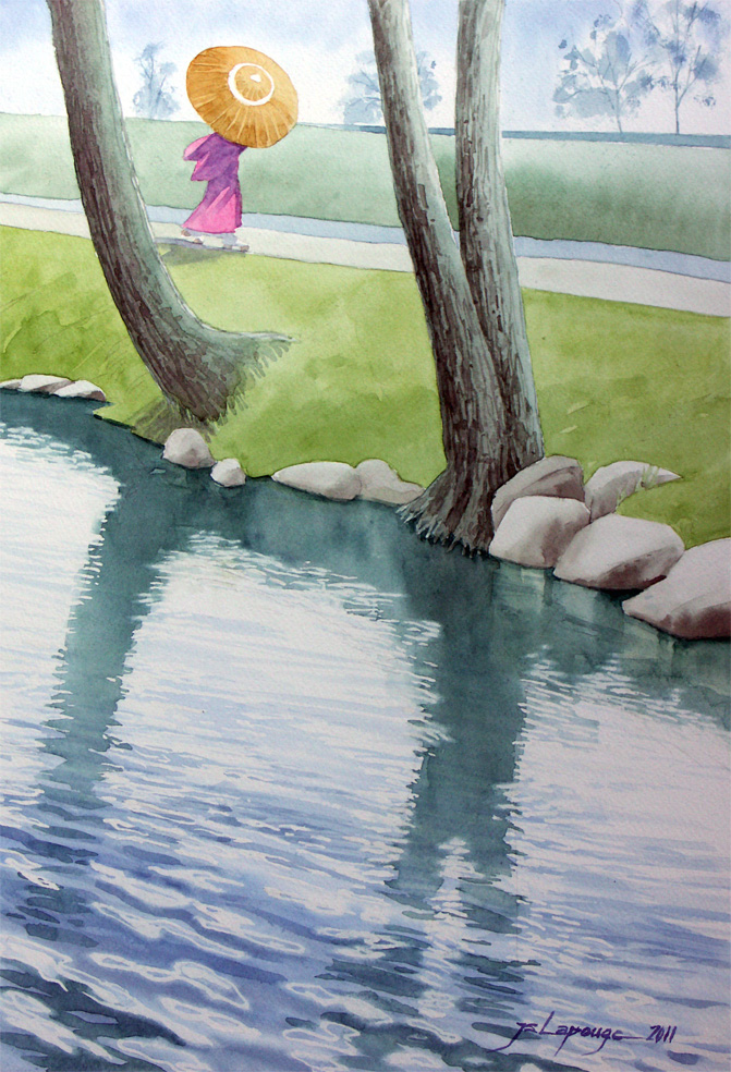 painting, japanese on the riverbanks