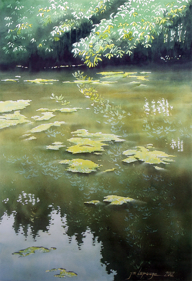 watercolors, painting , pond backwaters