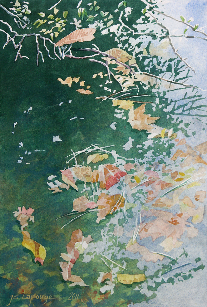 feuilles flottantes sur l'eau, aquarelle