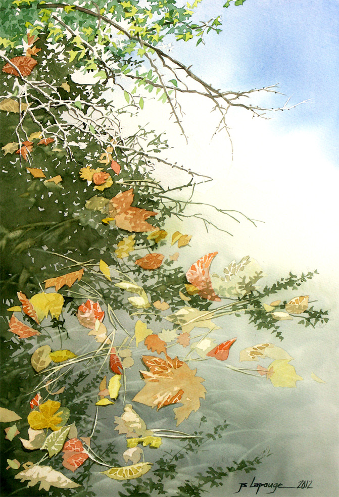 aquarelle, feuilles flottantes sur un lac