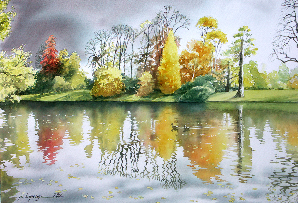 watercolors, autumn in the Bois de Boulogne in Paris