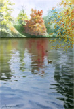 Lac et reflets, aquarelle