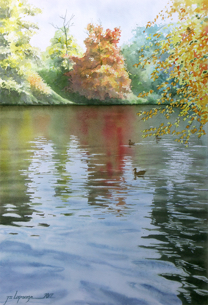 reflets sur le lac, aquarelle