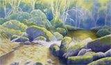 rivière à truite en auvergne, aquarelle