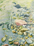 pebbles and river, painting, watercolors