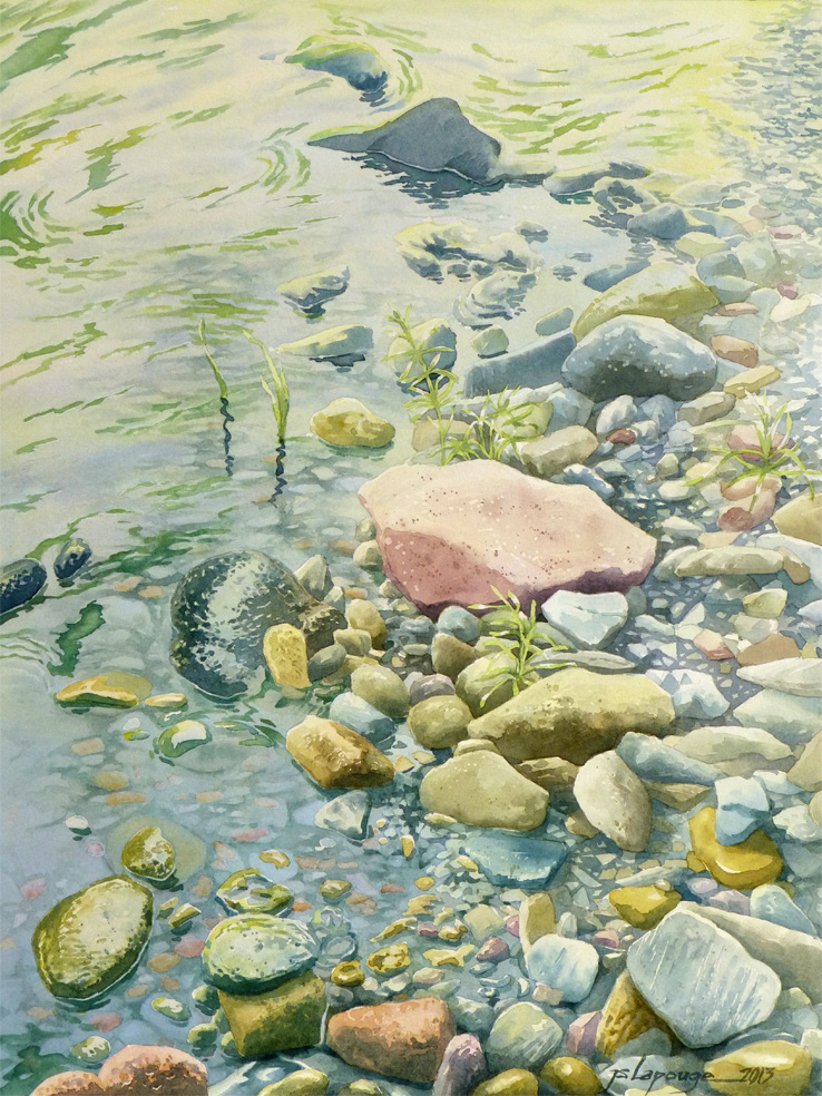 galets et rivière, peinture aquarelle
