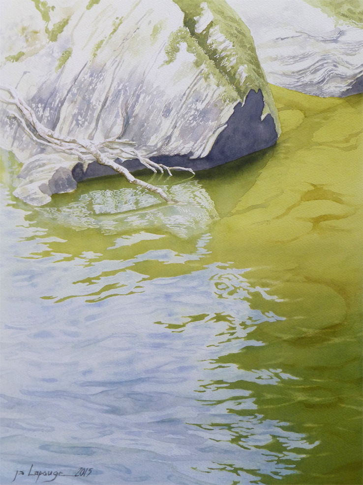 reflets rochers dans la rivière, aquarelle