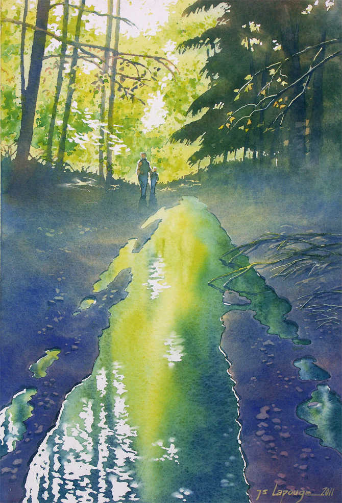 watercolors, walk in forest