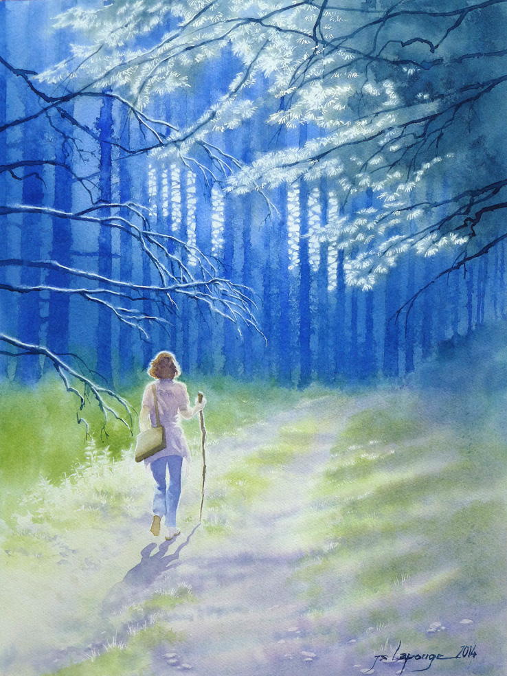 promenade en forêt, aquarelle