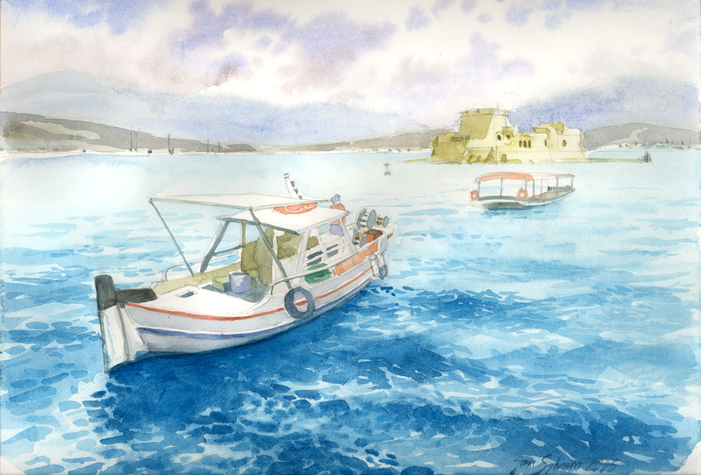 watercolors : Nafplion port in Greece