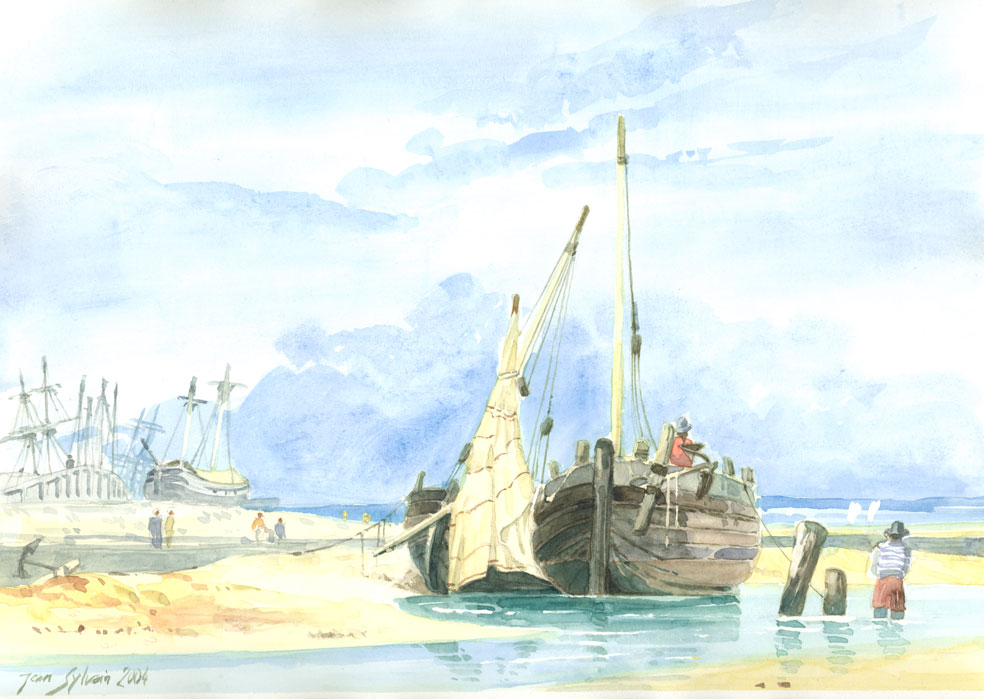 Seascape : Estuary of the Somme, watercolors after R.P. Bonington