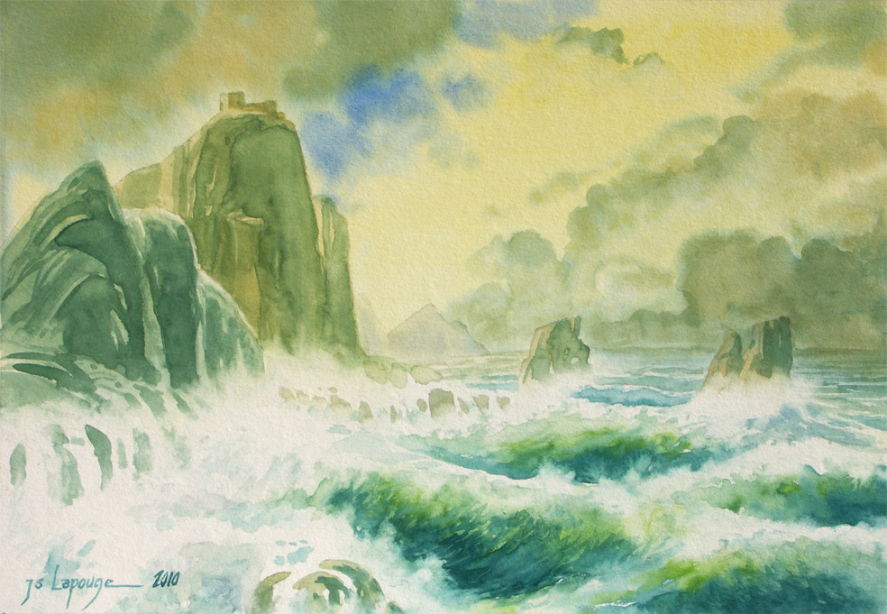 paysage de marine avec falaises, aquarelle