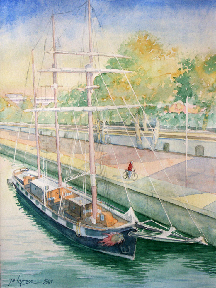 aquarelle - La boudeuse amarrée au quai de Bercy