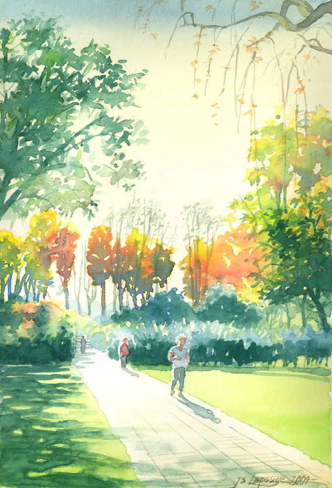 aquarelle, jogging au parc de Bercy