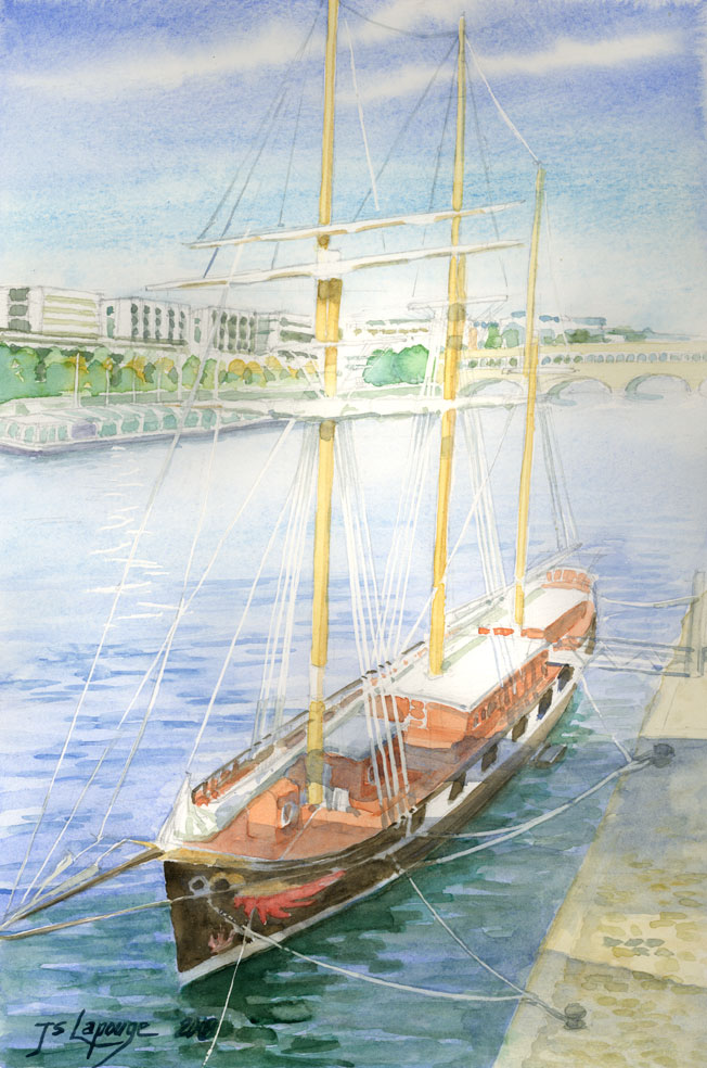 Watercolors, Paris, Sailboat "La Boudeuse" at Quai de Bercy