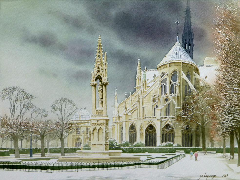 Notre Dame de Paris in winter, watercolors