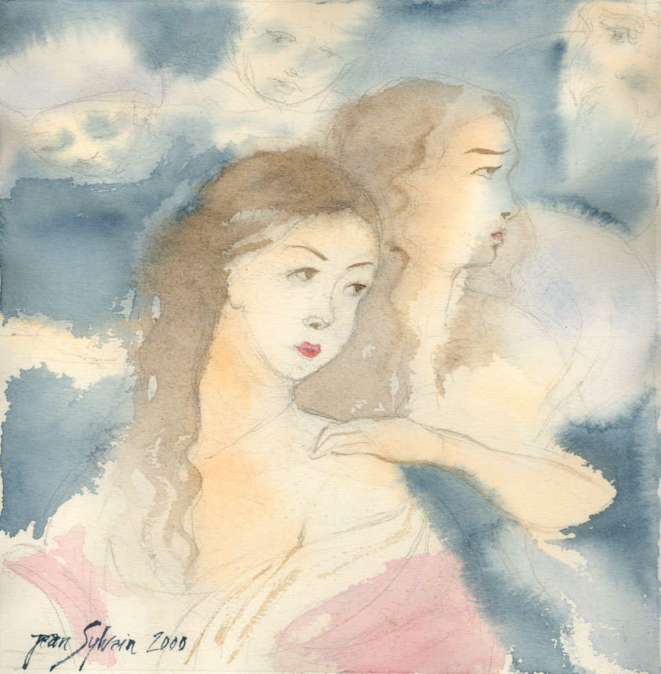 watercolors, two women, adapted from Rubens