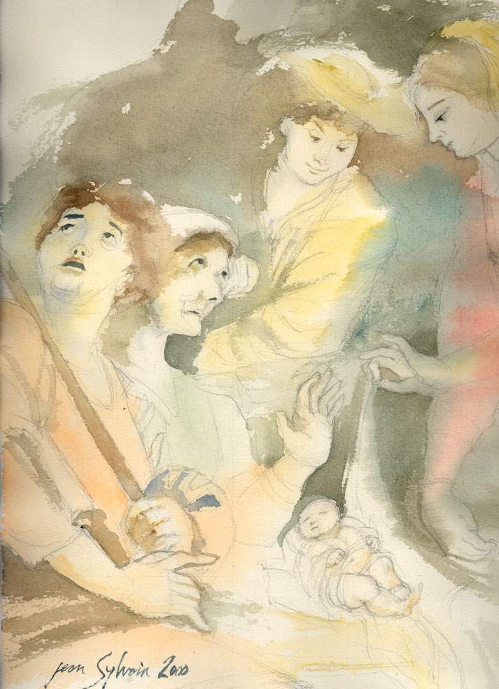 nativité, adoration des bergers d'après Rubens, aquarelle