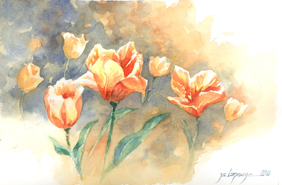 painting opf flowers, tulips, watercolors