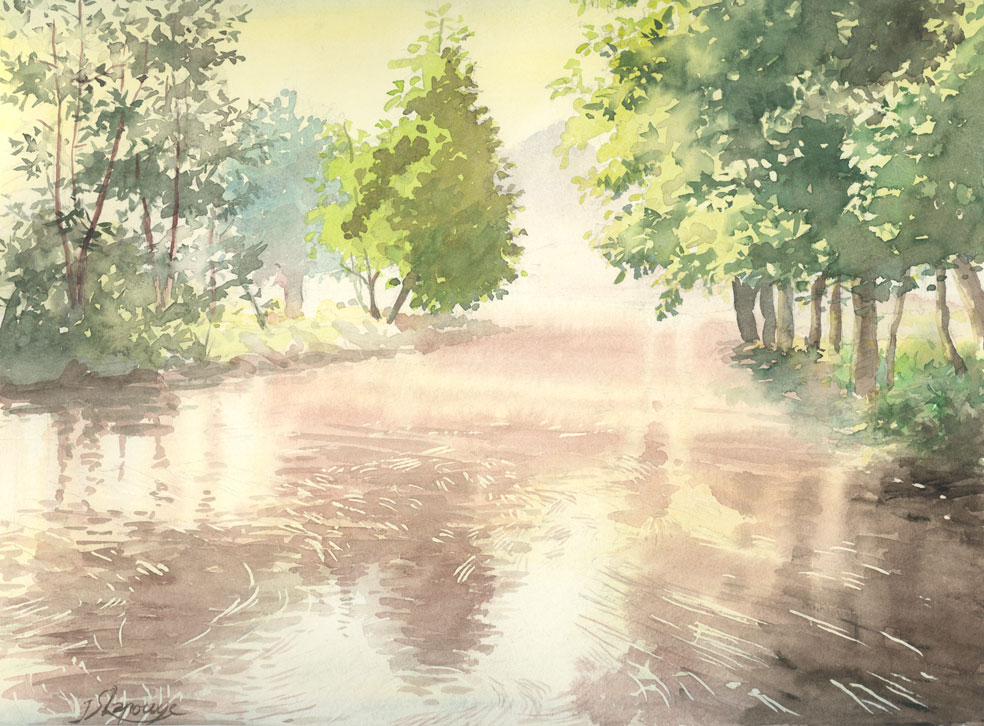 watercolors - mist on river