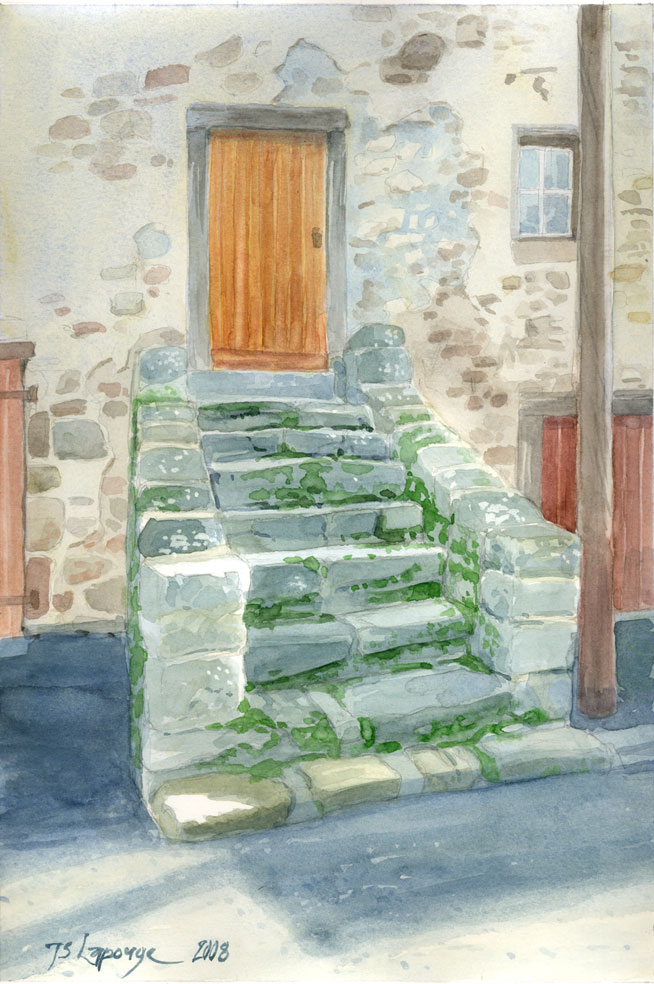 aquarelle, vieil escalier en pierre