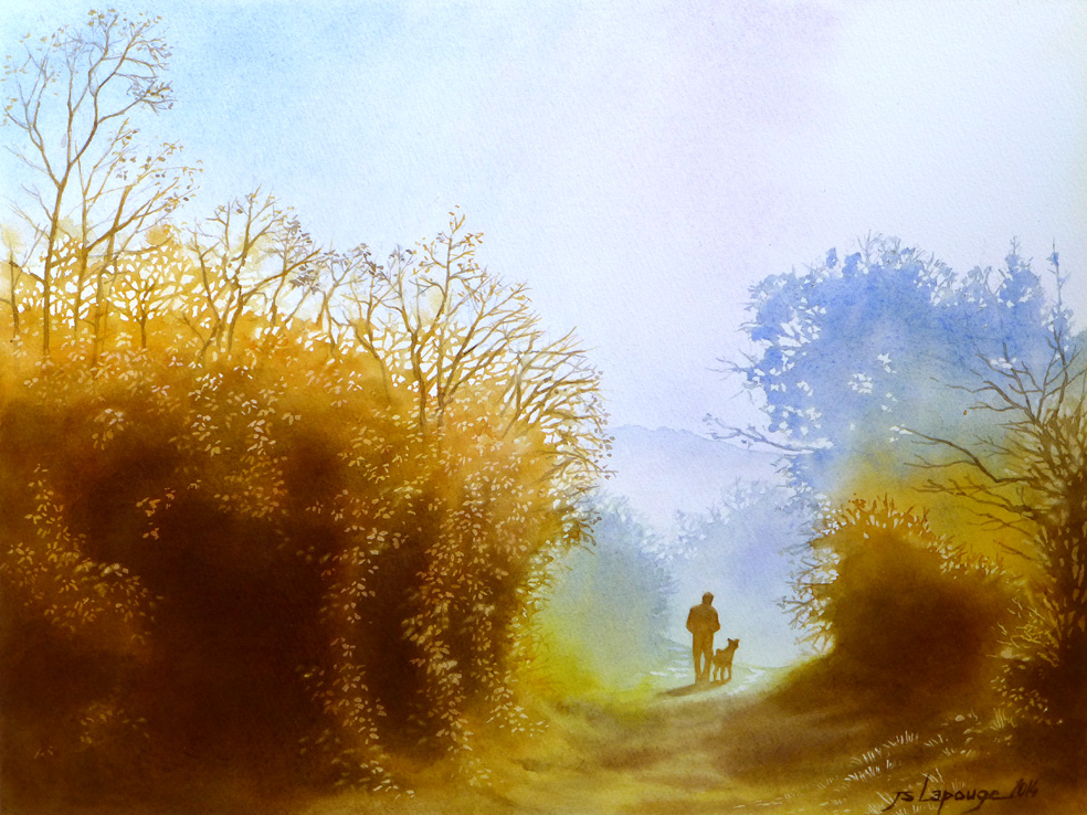 master walks his dog, watercolors 