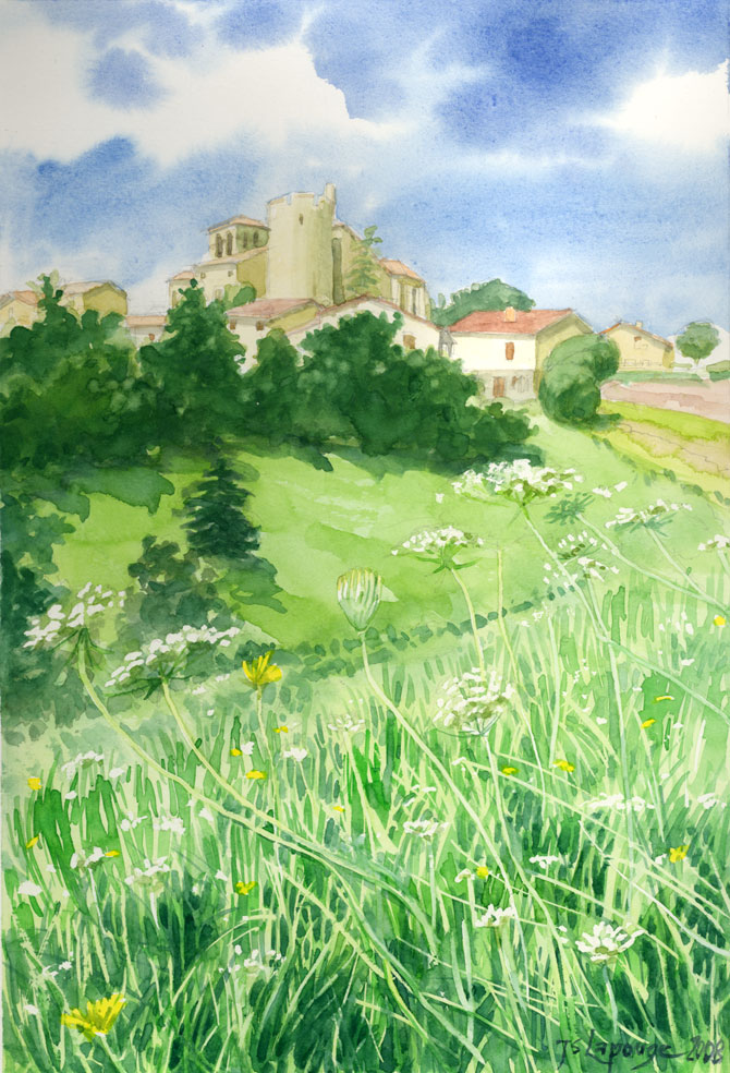 watercolors, village in France