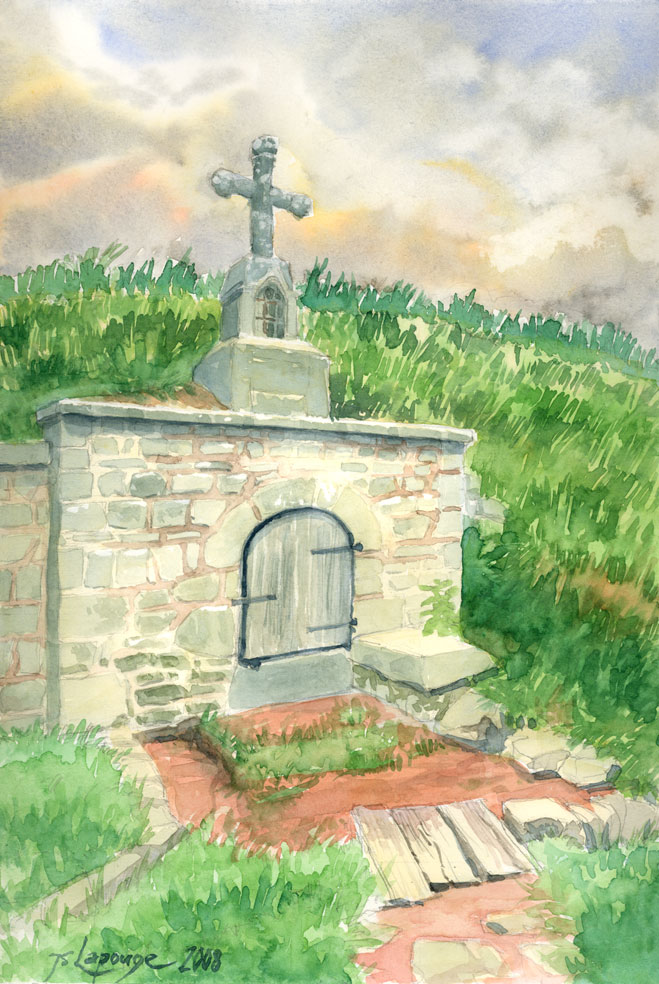 aquarelle , la croix sur le vieux puits en Auvergne